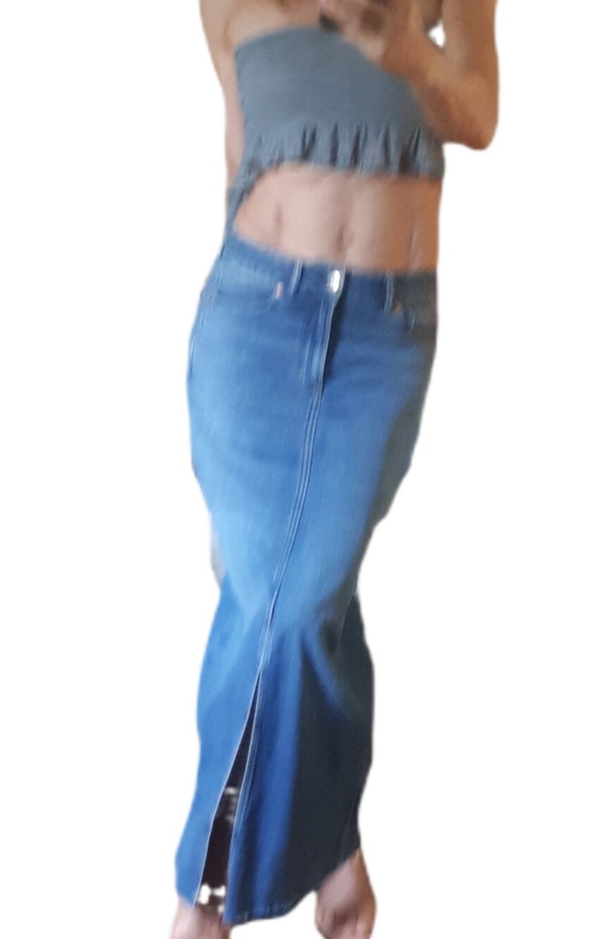 Classic Blue Denim Maxi Skirt with Front Slit